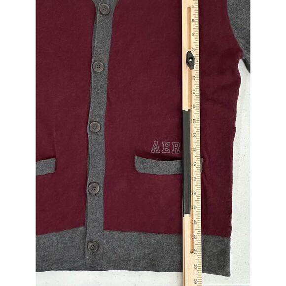 Aeropostale Mens Cardigan Sweater Size Medium Burgundy Gray Wool Blend Button Up - Picture 6 of 8